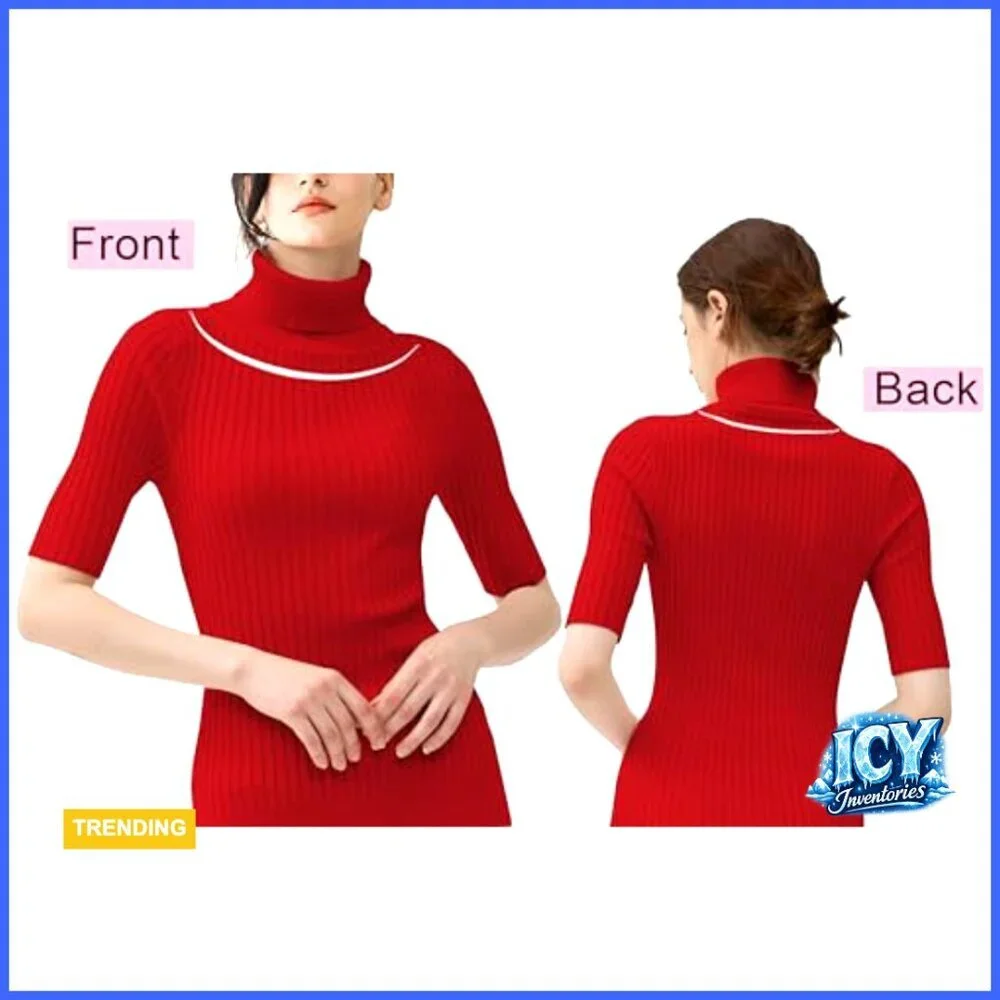 Half Sleeve Turtleneck Ribbed Knit Sweater Slim Fit Stretchy